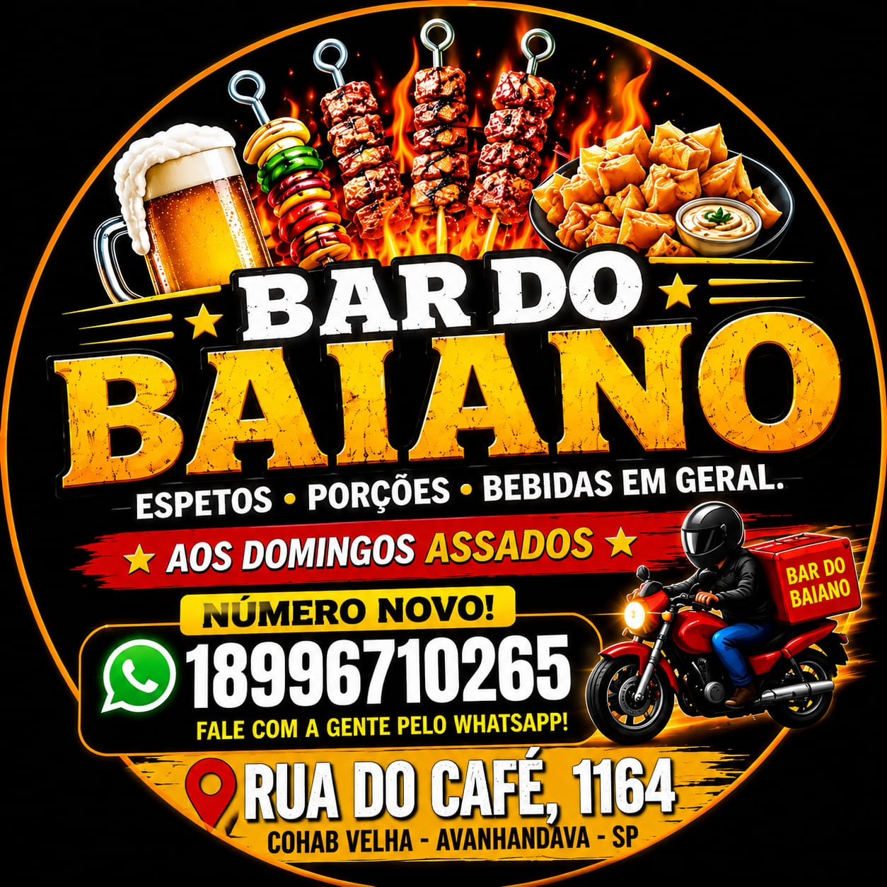 Logo do Bar do Baiano com espetos, porções e bebidas